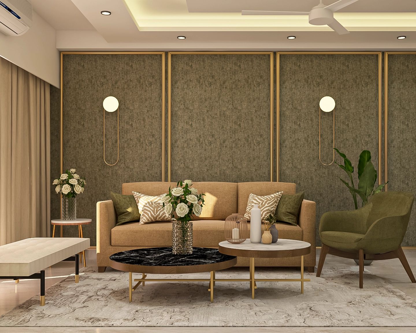 Contemporary Living Room Design With Golden Trims