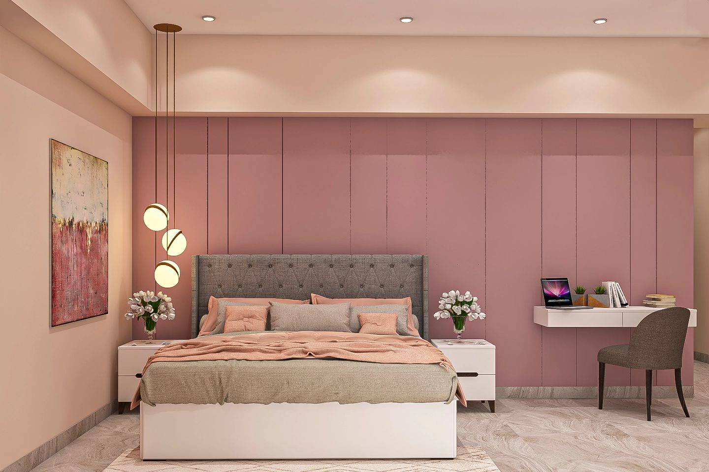 Contemporary Pink And White Bedroom With Study Table