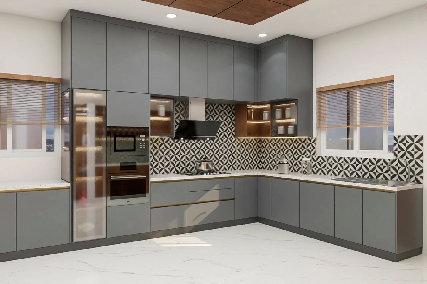 Contemporary Kitchen Design With Frosted Shelves